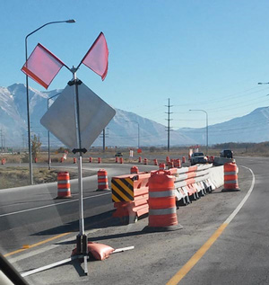 Figure 15 Construction hardware - This plastic attenuator on a road project in Provo, Utah can be filled with water and moved as construction needs change. This creates a safer buffer for traffic approaching temporary Jersey barrier.