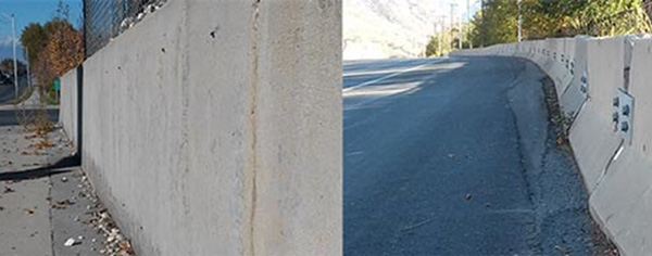 Figure 6 Standard wall vs. Jersey barrier -- A standard wall in Payson, Utah (left) acts as a rigid barrier and may be as dangerous as the object it was designed to prevent a collision with. A Jersey barrier in Provo, Utah (right) has a tapered shape that deflects