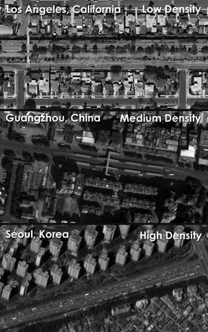 Figure 2 - A comparison of land use density on the Los Angeles "Orange Line," a BRT line in Guangzhou, China, and a line in Seoul, Korea (Google Maps)